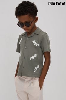 Reiss Sage/White Thar Junior Cotton Reptile Patch Cuban Collar Shirt (N74019) | 235 QAR