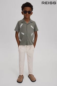 Reiss Sage/White Thar Cotton Reptile Patch Cuban Collar Shirt (N74025) | €50