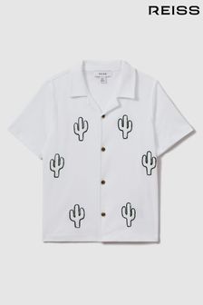 Reiss White Aurora Teen Cotton Cactus Cuban Collar Shirt (N74027) | $55