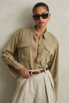 Reiss Khaki Isador Lyocell Button Through Shirt (N74068) | KRW333,000
