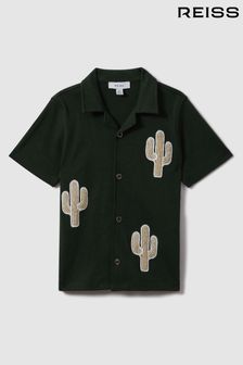 Reiss Dark Green Stan Cotton Cactus Patch Cuban Collar Shirt (N74069) | €55