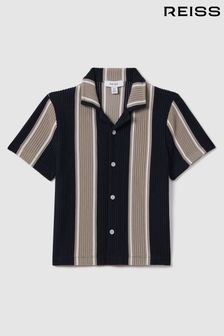 Marineblau/Stein - Reiss Alton Geripptes Hemd mit kubanischem Kragen (N74070) | 59 €