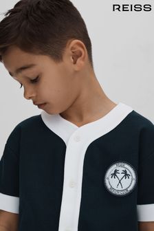 Reiss Navy/White Ark Junior Textured Cotton Baseball Shirt (N74074) | SGD 105