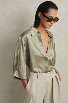 Reiss Khaki Winnie Silk Relaxed Sleeve Blouse (N74092) | HK$2,848