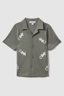 Reiss Sage/White Thar Teen Cotton Reptile Patch Cuban Collar Shirt (N74112) | EGP3,600