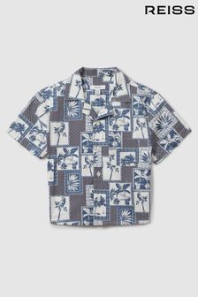 Reiss Airforce Blue Basin Cotton Blend Collage Cuban Collar Shirt (N74114) | 321 SAR