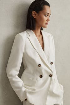 Reiss White Lori Viscose-Linen Double Breasted Suit Blazer (N74137) | 2,190 QAR