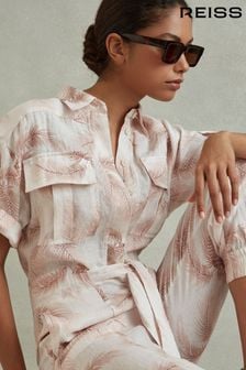 Reiss Blush Kaia Linen Tropical Print Belted Jumpsuit (N74152) | $488