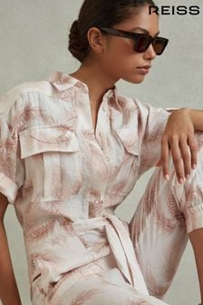 Reiss Blush Kaia Linen Tropical Print Belted Jumpsuit (N74152) | $438