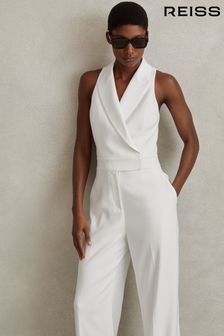Reiss White Lainey Double Breasted Satin Tux Jumpsuit (N74158) | $538