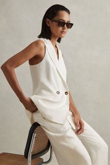 Reiss White Lori Halter Viscose Linen Double Breasted Suit Waistcoat (N74176) | $403