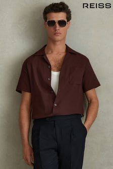 Reiss Tobacco Nitus Herringbone Cuban Collar Shirt (N74227) | Kč4,950