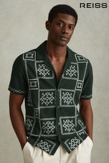 Reiss Green/Ecru Cosmos Textured Embroidered Cuban Collar Shirt (N74256) | kr2,151