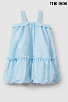 Reiss Blue Emeri Seersucker Bubble Hem Dress (N74290) | 588 QAR