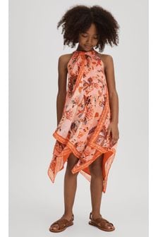 Reiss Pink Print Akari 4-9 yrs Printed Draped Halter Neck Dress (N74306) | $124