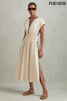 Reiss Neutral/Black Lena Petite Cotton Ruched Waist Midi Dress (N74336) | 1,088 QAR