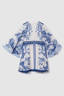 Reiss Blue Print Andra Teen Tile Print Flare Sleeve Dress (N74359) | €129