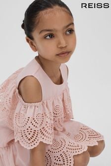 Reiss Pink Jazz 9-13 yrs Off-The-Shoulder Broderie Dress (N74370) | $131