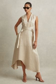 Reiss Neutral Ava Linen Lyocell Strappy Midi Dress (N74382) | €403