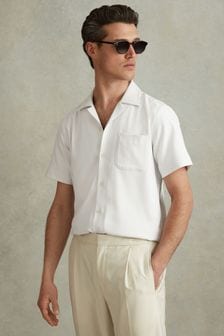 Reiss White Nitus Herringbone Cuban Collar Shirt (N74399) | 809 QAR