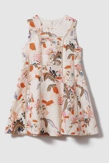 Reiss Pink Print Lor Teen Linen Cotton Stitch Dress (N74427) | €95