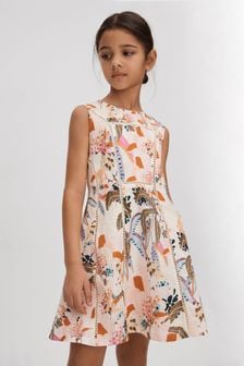 Reiss Pink Print Lor Junior Linen Cotton Stitch Dress (N74433) | OMR49