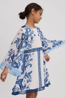 Reiss Blue Print Andra Senior Tile Print Flare Sleeve Dress (N74436) | ￥17,010