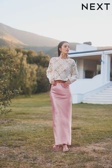 Rose Pink Tailored Satin Midi Skirt (N74599) | OMR13