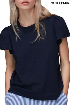 Whistles Blue Cotton Frill Sleeve T-Shirt (N74601) | €56