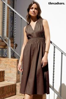 Threadbare Brown Linen Blend V-Neck Sleeveless Ruched Midi Dress (N74748) | KRW64,000