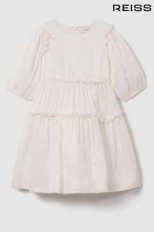 Reiss Ivory Tash Teen Tiered Linen Blend Puff Sleeve Dress (N74804) | OMR68