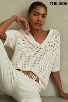 Reiss Ivory Carla Knitted Open-Collar Polo Shirt (N74841) | SGD 408