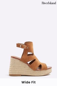 River Island Brown Wide Fit Cut-Out Wedge Shoes Boots (N75557) | $64