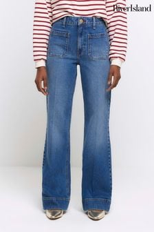 River Island Blue Pocket Front High Rise Wide Leg Jeans (N75560) | KRW106,700