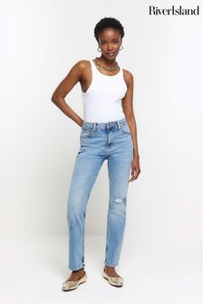River Island Blue Mid Rise Slim Straight Leg Non Stetch Jeans (N75584) | $82