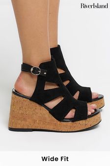River Island Black Wide Fit Cut-Out Wedge Shoes Boots (N75587) | HK$411