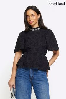 River Island Black High Neck Blouse (N75596) | $77