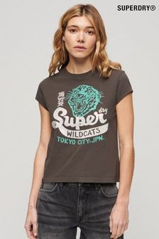 Superdry Brown Multi Embellished Poster Cap Sleeve T-Shirt (N76562) | SGD 58