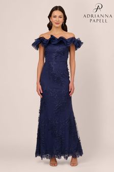 Adrianna Papell藍色花朵圖案皺摺禮服 (N76803) | HK$3,074