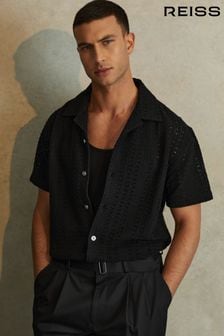Reiss Black Paradise Cotton Crochet Cuban Collar Shirt (N76812) | SGD 325