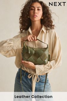 Khaki Green Leather Mini Weave Cross-Body Bag (N77204) | kr788
