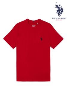 Rdeča - -U.s. Polo Assn. Modra fantovska majica s kratkimi rokavi in motivom dvojnih jezdecev (N77420) | €23 - €27