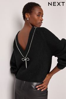 Black Reversible Gem Bow Embellished Sparkle Knitted Jumper (N77682) | KRW81,500