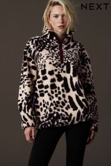 Animal Print Leopard Teddy Borg Cosy Longline Quarter Zip Fleece (N77951) | $48