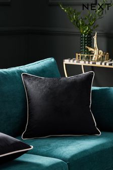 Black 59 x 59cm Matte Velvet Contrast Pipe Cushion (N78172) | $27