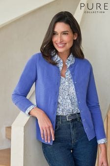 Pure Collection Blue Crew Neck Cashmere Cardigan (N78556) | $248