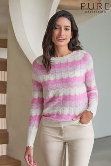 Pure Collection Pink Cashmere Zig Zag Stripe Pointelle Sweater