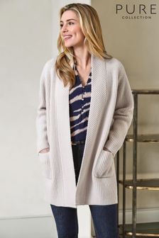Pure Collection Wool Cashmere Edge To Edge Rib White Cardigan