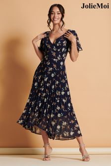 Jolie Moi Blue Angel Sleeve Pleated Chiffon Maxi Dress (N78608) | €124