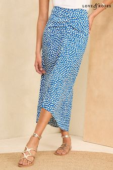Love & Roses Blue Polka Dot Printed Ruched Midi Skirt (N78718) | $60